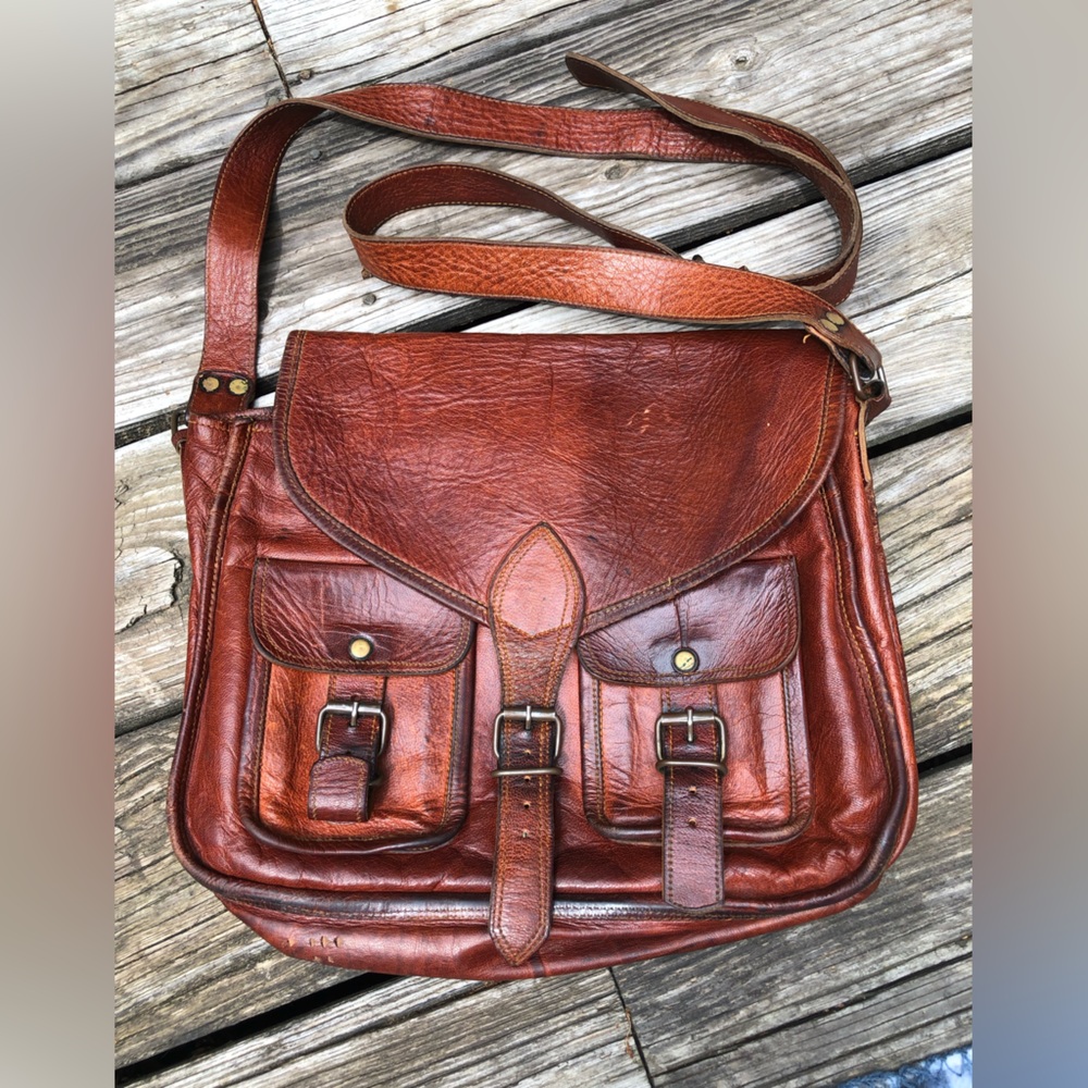 Men’s leather messenger bag brief case rustic, brown, buckles, business travel